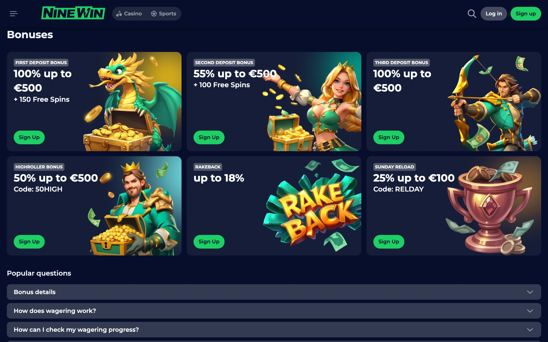 NineWin bonuses page with the deposit offers