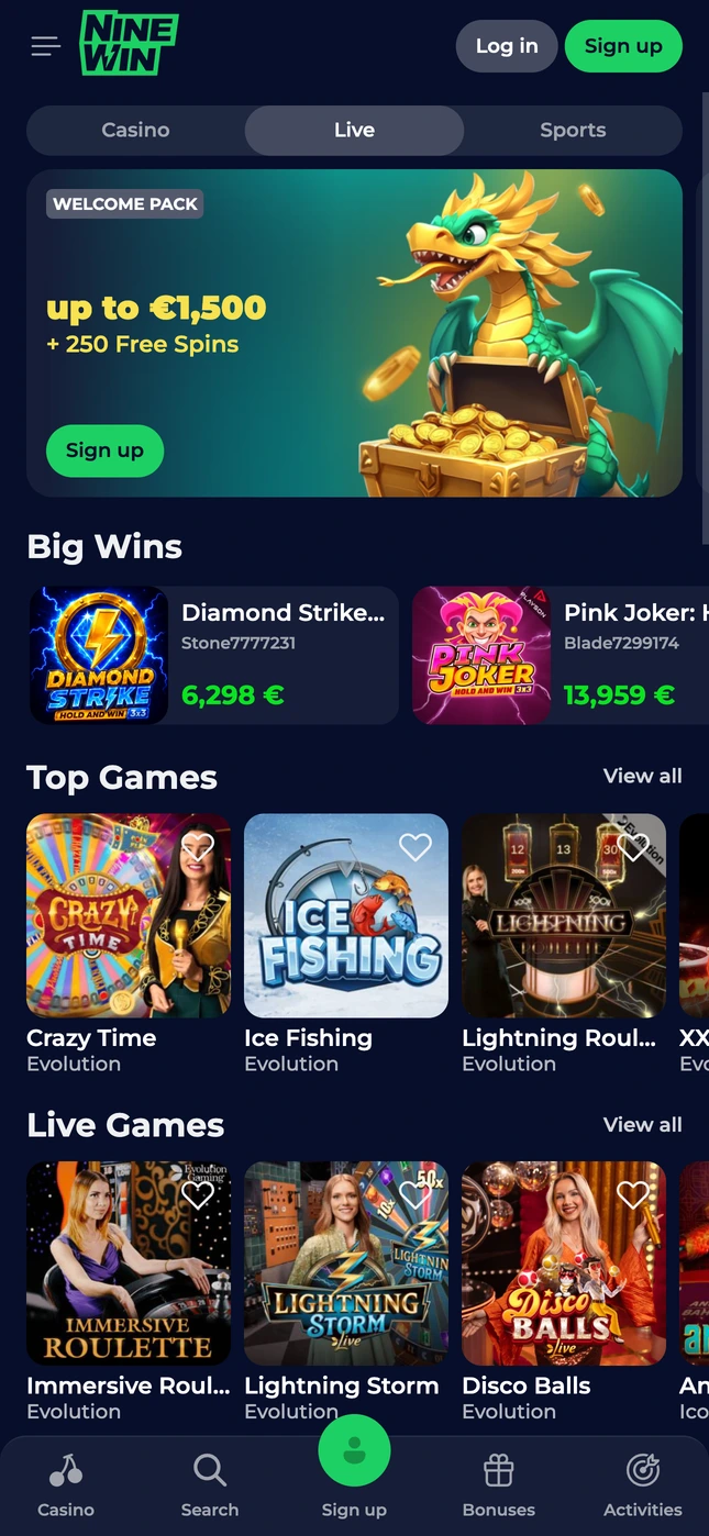 NineWin live casino lobby on a phone