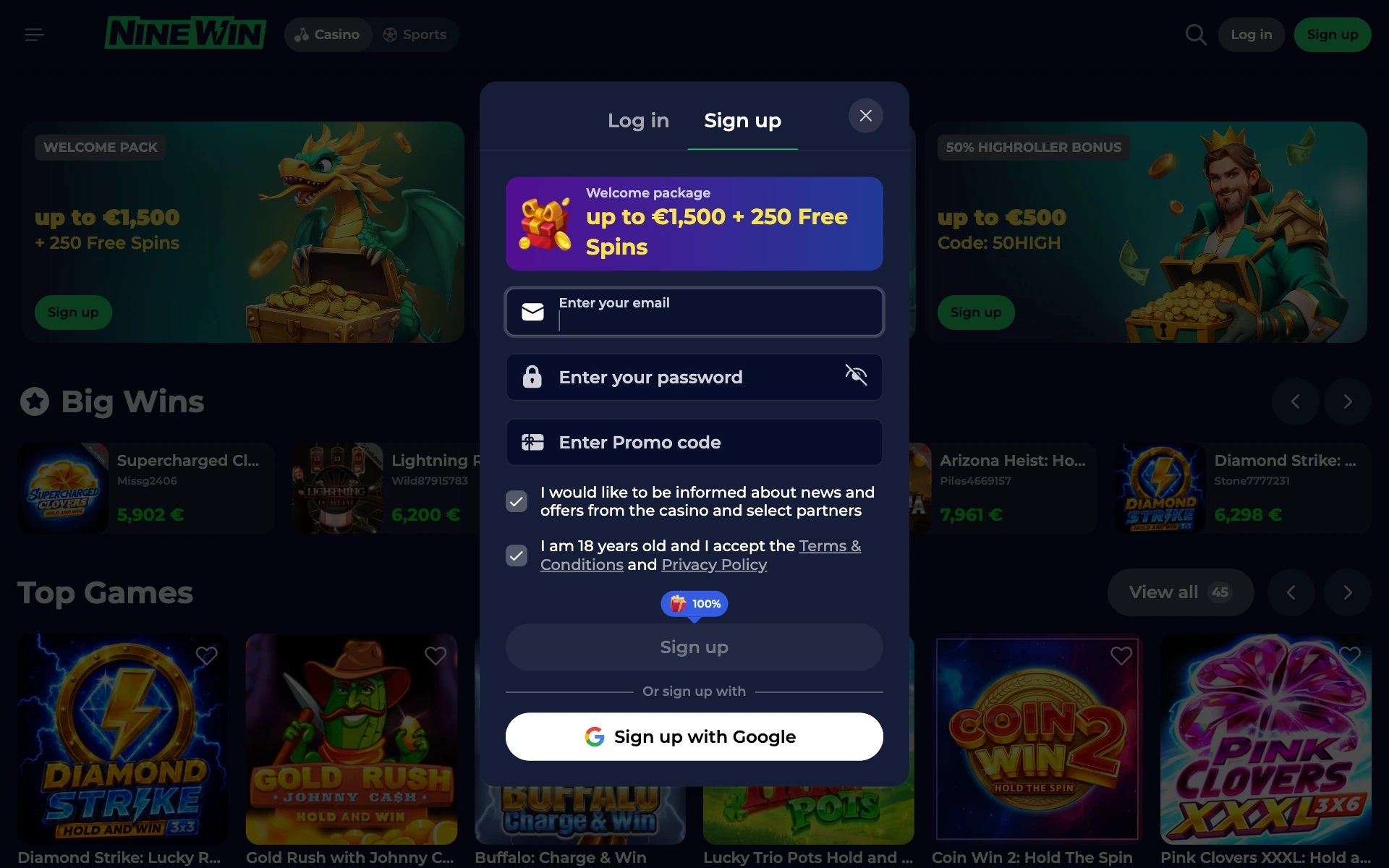 NineWin sign-up form